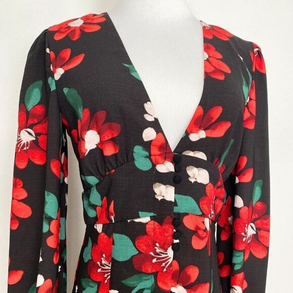 NWT U0 MICHELLE BLACK RED FLORAL LONG SLEEVE V-NECK BUTTON FRONT  MINI DRESS - Picture 5 of 12